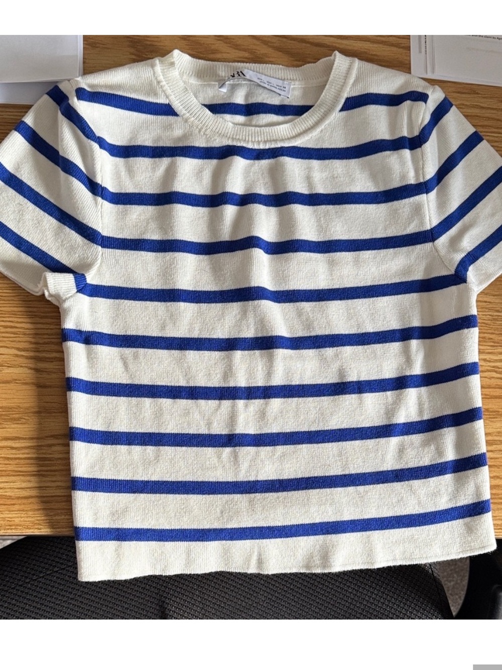 Zara White and Blue Striped Short Sleeve Tee